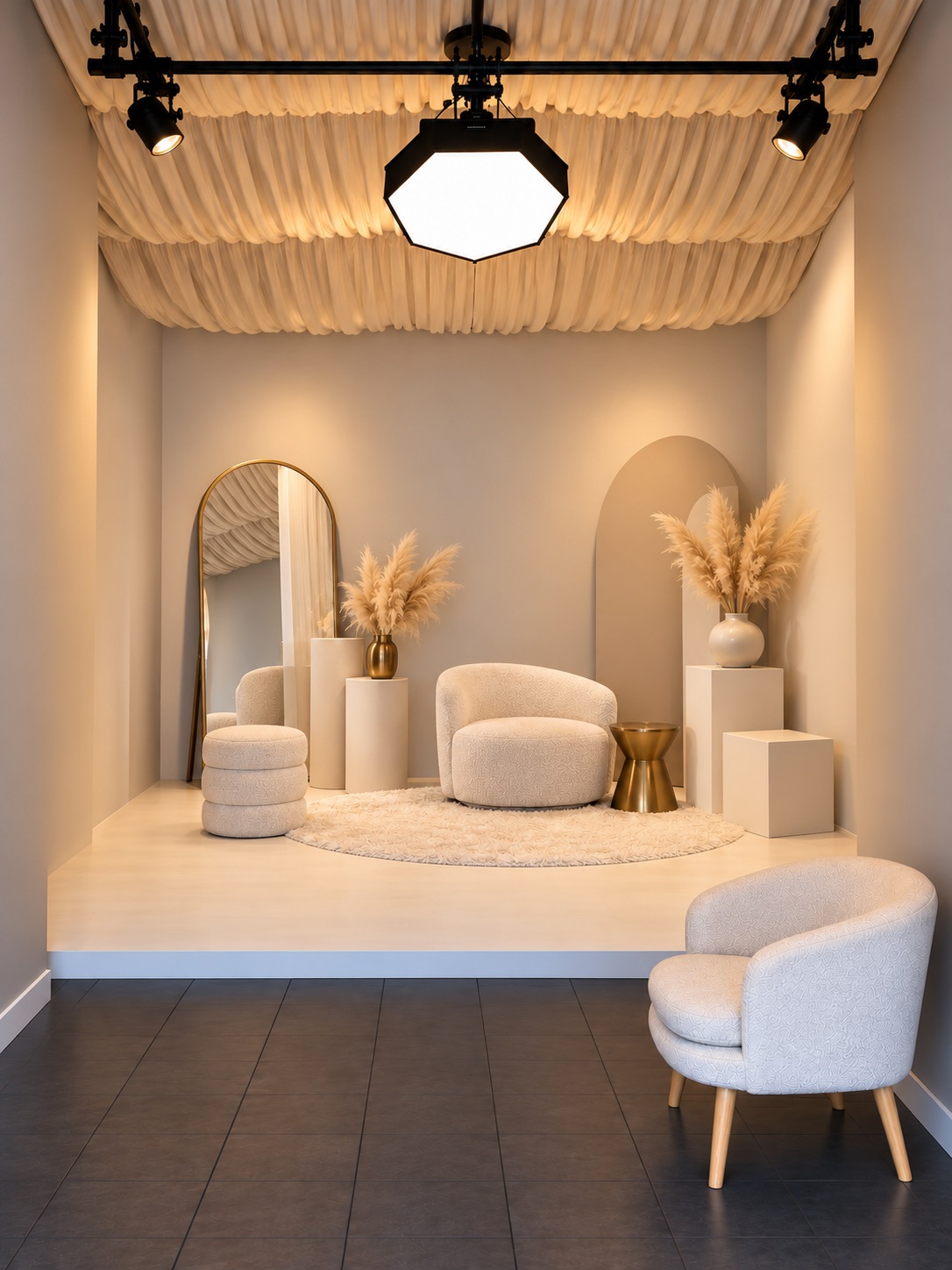 Warme beige fotostudio met bouclé stoel, decor en studioverlichting